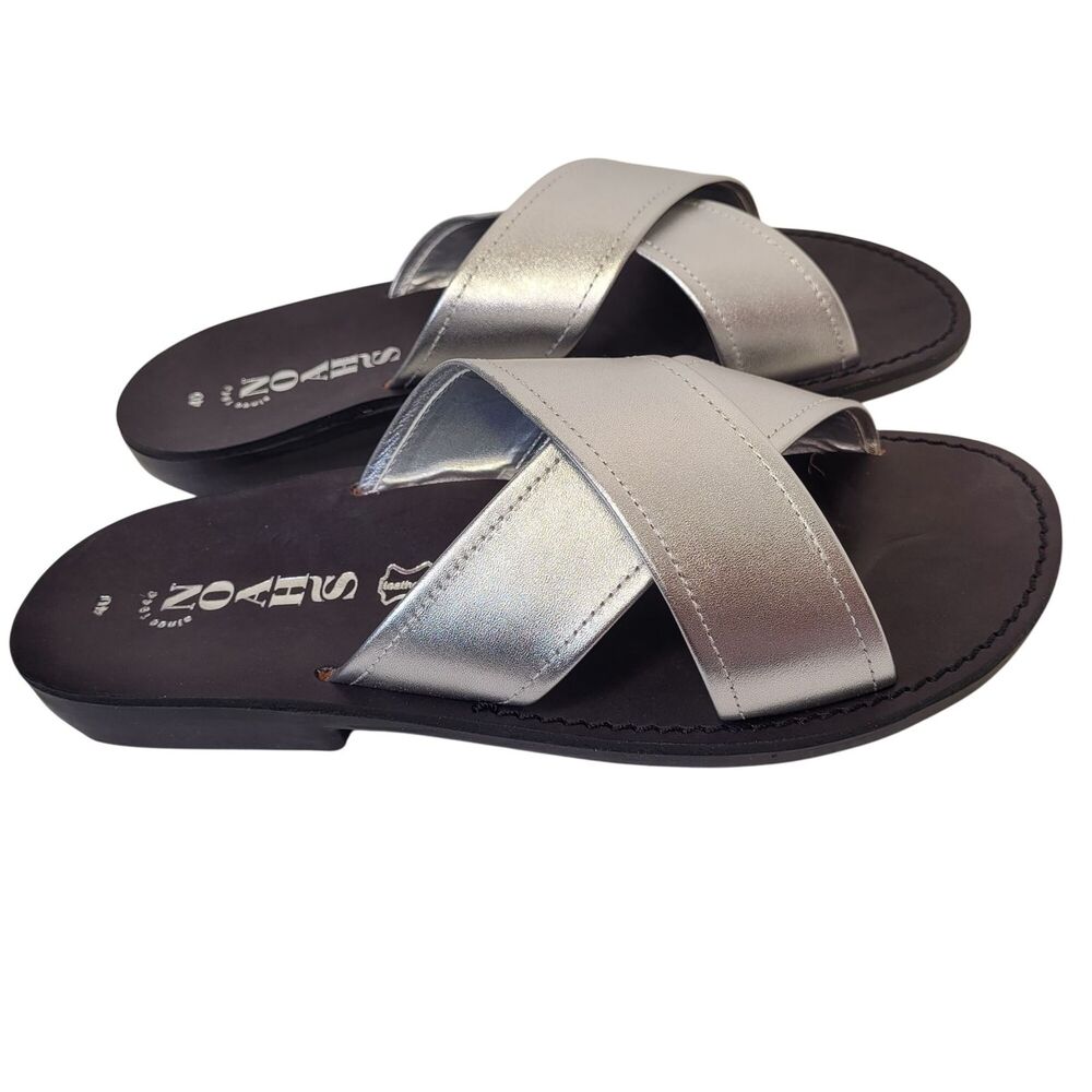 Women Casual Silver Leather Cross Strap Flats Slide Retro Sandals Size 9 - Picture 3 of 9